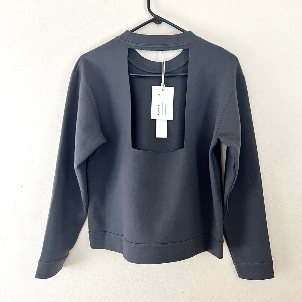 NWT BOURIE K-Fashion Back Cut-Out Long Sleeve Anchor Gray Sweatshirt Size Small